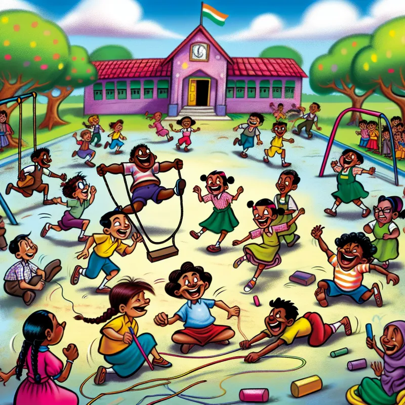 Een kleurrijke cartoonafbeelding van diverse kinderen die samen spelen op een basisschool speelplaats, met activiteiten zoals schommelen en krijten.