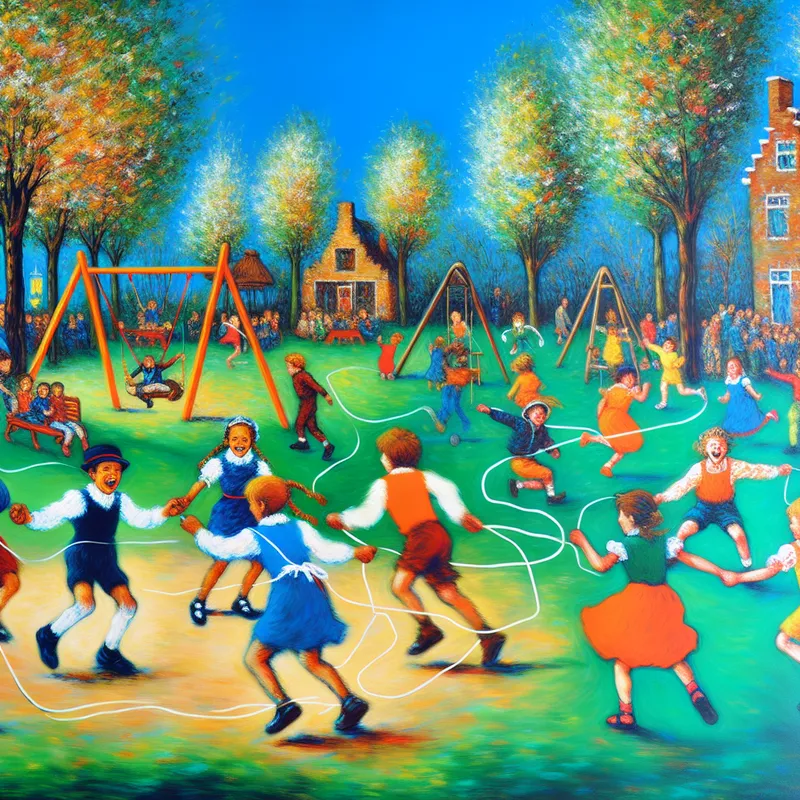 Afbeelding van kinderen die buiten spelen in een park, met een kleurrijk, nostalgisch uitzicht op een zonnige dag