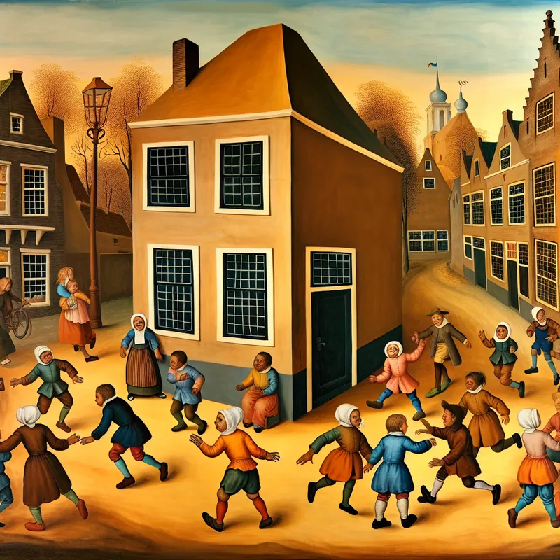 Speelse kinderen interactief op een drukke straat, met een huis op de hoek