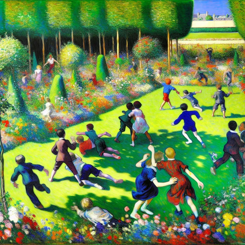 Kinderen spelen vrolijk in een weelderige tuin met kleurrijke bloemen en bomen, onderbroken door een zicht op de straat.