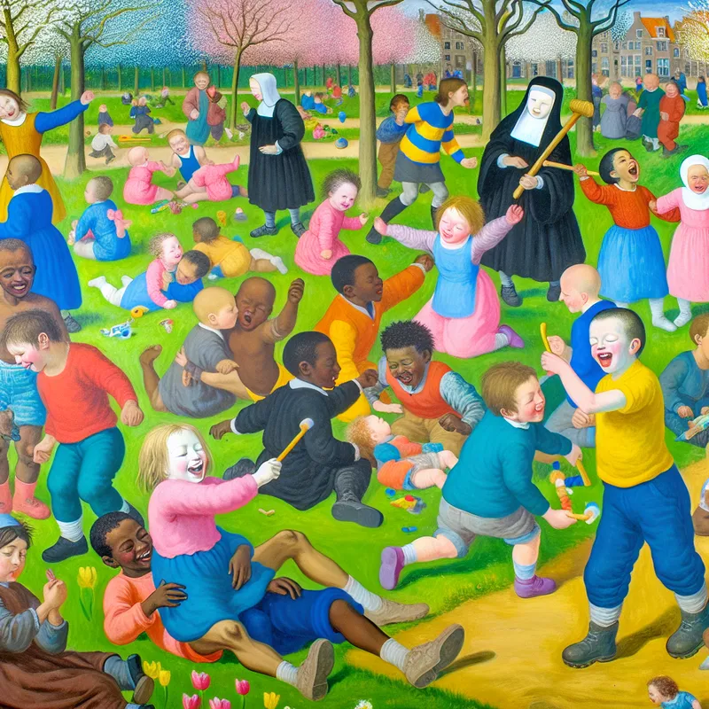 Een kleurrijke en levendige afbeelding van verschillende kinderen die samen spelen in een park, lachend en delend, wat gelijkheid symboliseert.