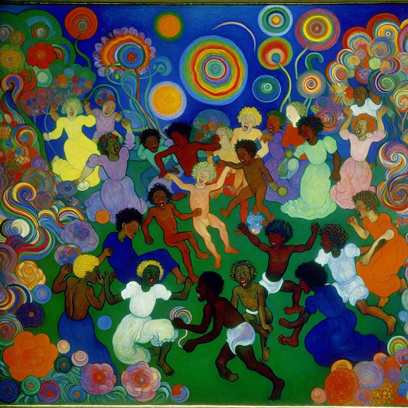 Vibrant abstract scene of joyful children playing in a garden with colorful flowers, barefoot on rich soil, under a bright blue sky with a playful sun.