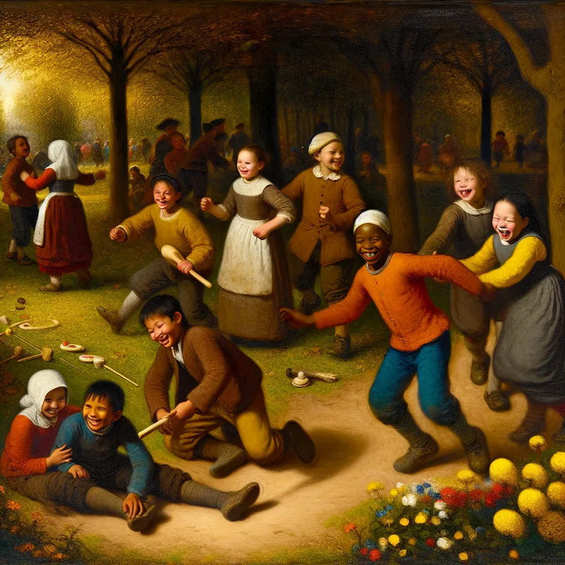 Kinderen spelen vrolijk in een park met bomen en bloemen, vervagend in de mist