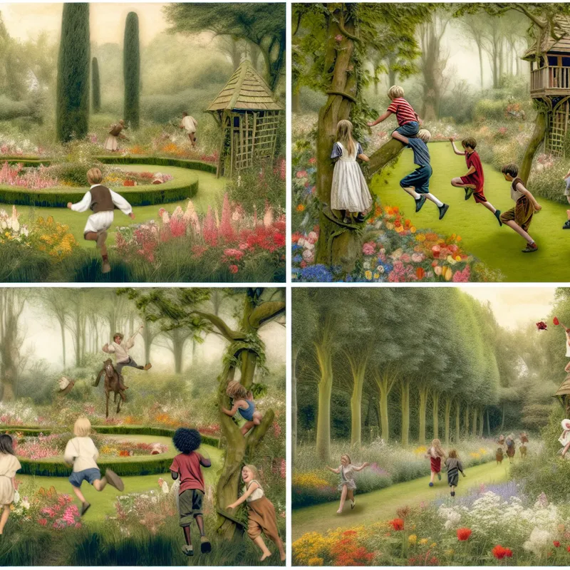 Kinderen spelen vrij in een weelderige tuin vol kleurrijke bloemen, geïnspireerd door Anton Pieck.