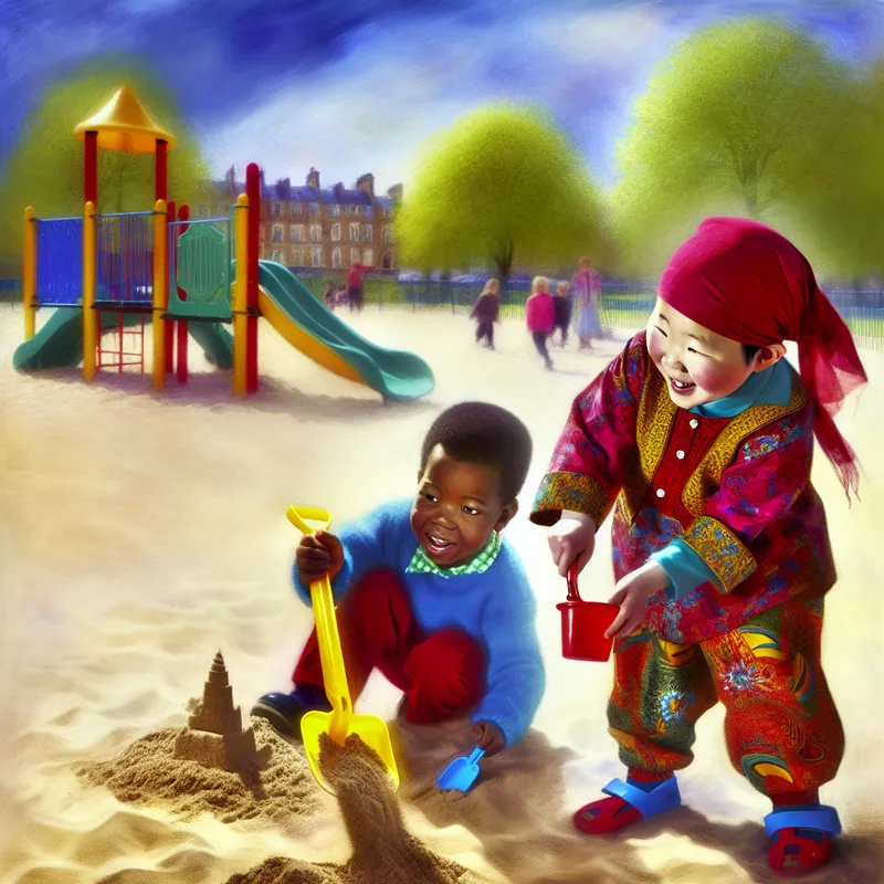 Twee kleine kinderen spelen vrolijk in een zandbak, één bouwt een zandkasteel en de ander vult een emmer met zand.