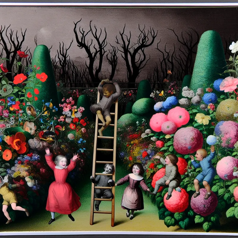 Kinderen spelen vrolijk op een klein houten trapje in een kleurrijke tuin vol bloemen en groen.