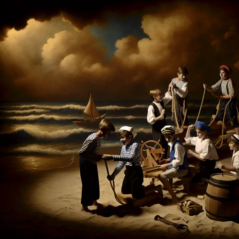 Groep kinderen speelt matroosje op een zonnig strand in Rembrandt-stijl met dramatisch licht en schaduw