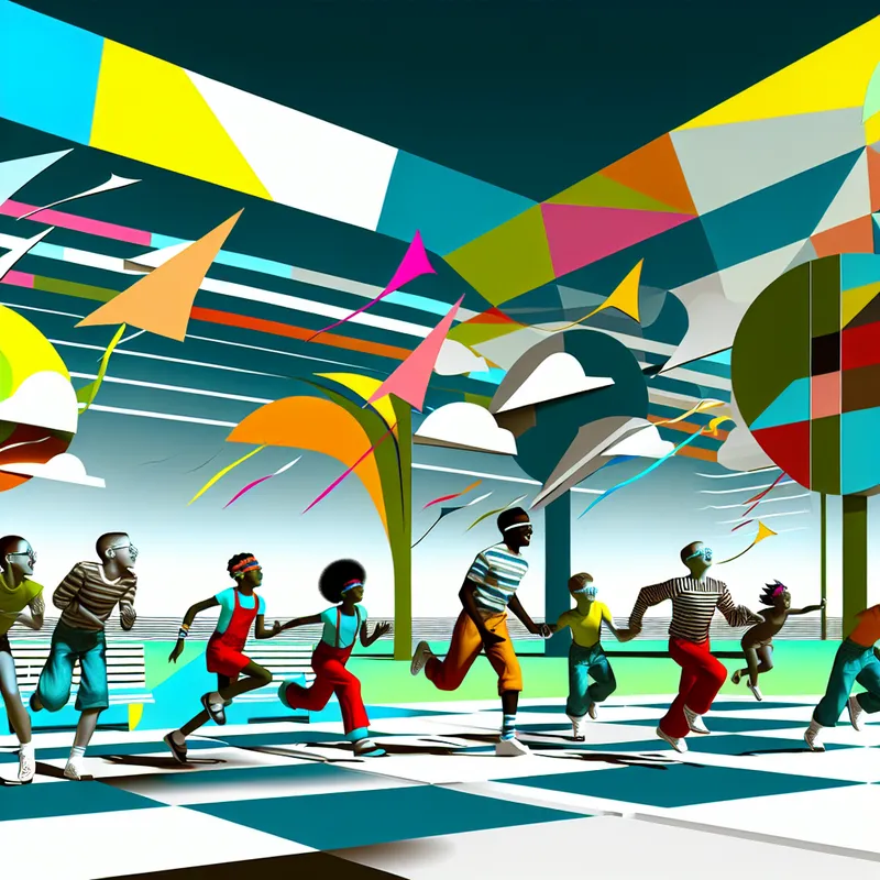 Een kleurrijke retro-futuristische park met spelende kinderen onder de zon