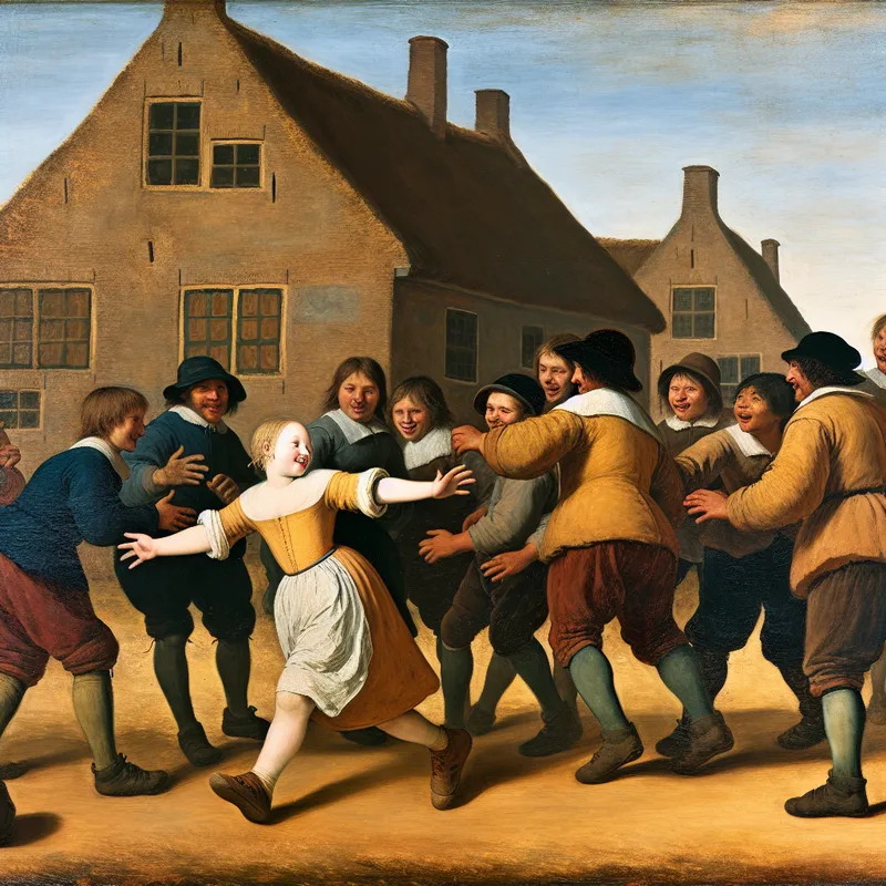 Kinderen spelen vrolijk samen in een 17e-eeuws Nederlands dorp, waarbij een jonger zusje enthousiast meedoet met de groep