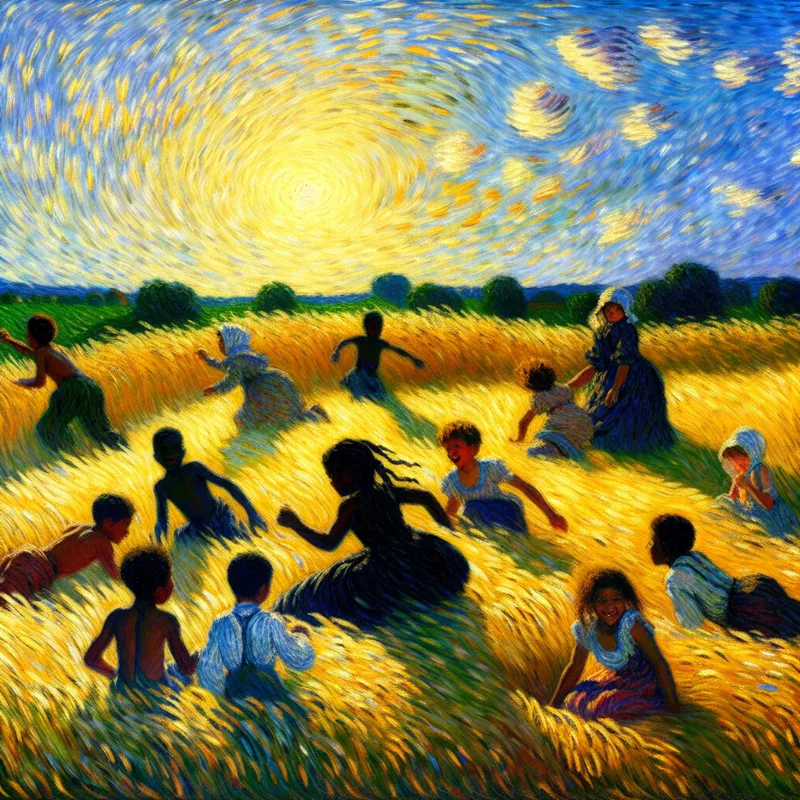 Kinderen spelen vrolijk in een gouden tarweveld bij zonsondergang, met lange schaduwen en een Van Gogh-achtige stijl, symboliserend het stoppen van een activiteit bij het invallen van de schemering