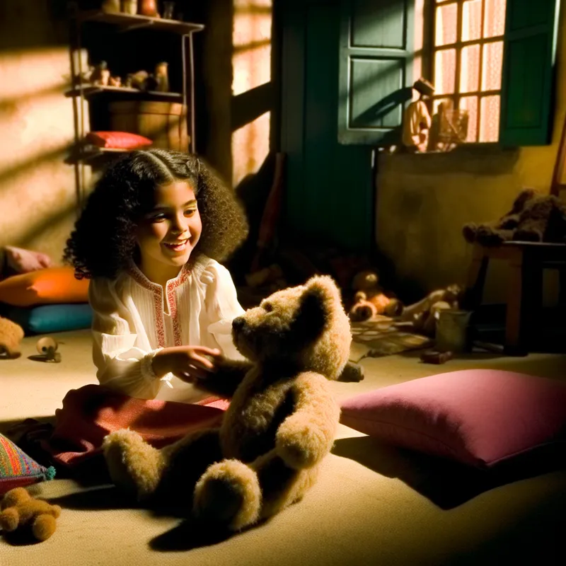 Een jong meisje met krullend haar lacht terwijl ze haar teddybeer omhelst in een sfeervolle kamer.