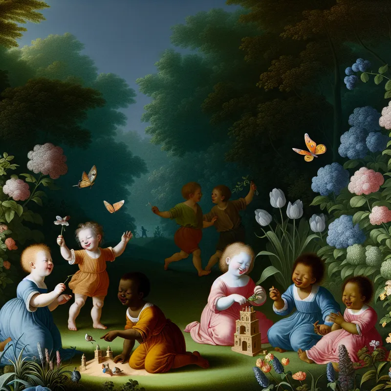 Een idyllisch tuinbeeld met kinderen die spelen, waaronder een kind dat een zandkasteel bouwt en anderen die vlinders achtervolgen.