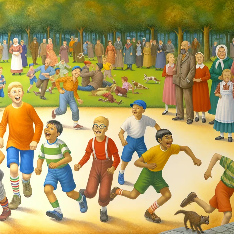 Groep blije kinderen die sporten in een park, met enthousiasme en vreugde terwijl ze een routine ontwikkelen.