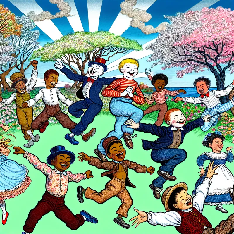 Vrolijke kinderen springen in de lucht in een park vol met kleurrijke bomen en bloemen, gevangen in een speelse en vrolijke sfeer.