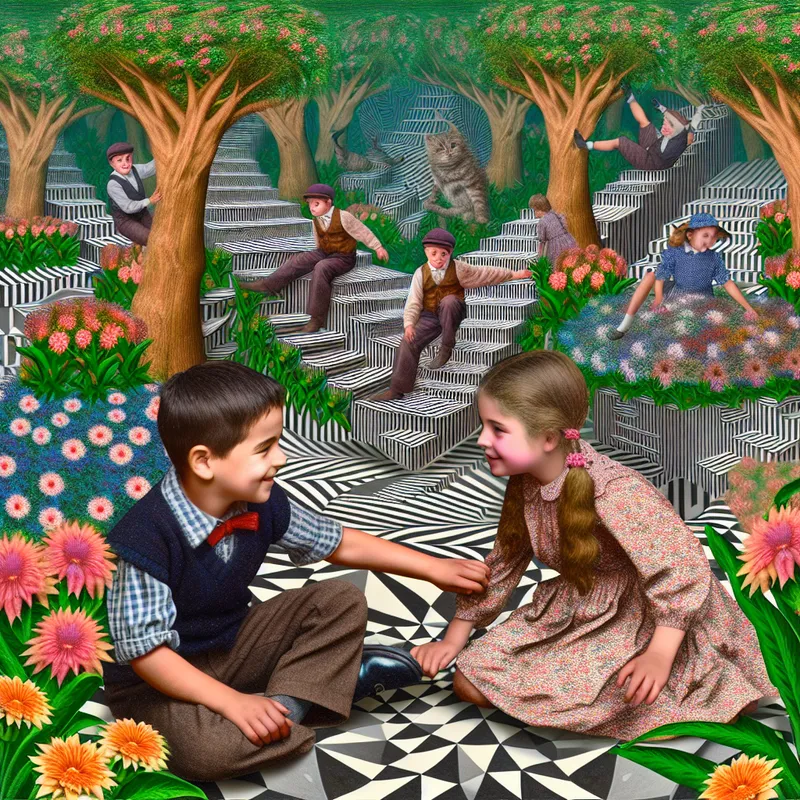 Een jong meisje en jongen spelen samen in een surrealistische tuin vol bloemen en onmogelijke vormen, geïnspireerd door M.C. Escher.