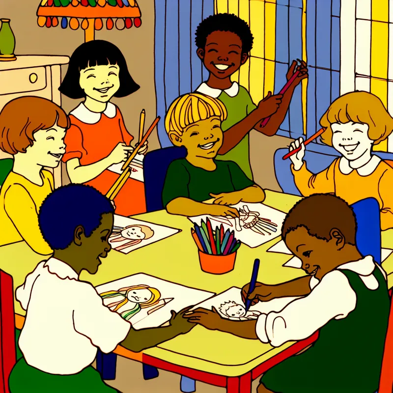 Groep kinderen die met kleurpotloden en pennen tekenen en schrijven aan een kleurrijke tafel in een zonnige kamer.