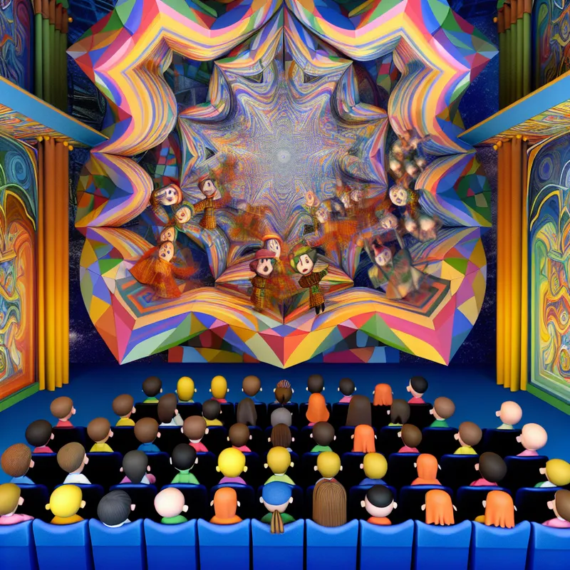 Kinderen in een theater kijken met verwondering naar een kleurrijke, surrealistische toneelvoorstelling.