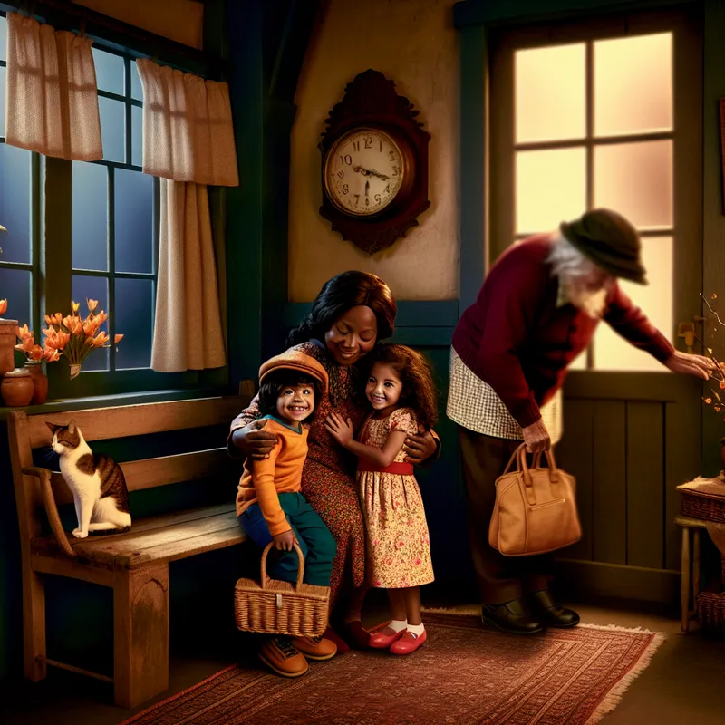 Vader zet twee blije kinderen tijdelijk af bij hun oma in een nostalgisch Nederlands huis met warme sfeer