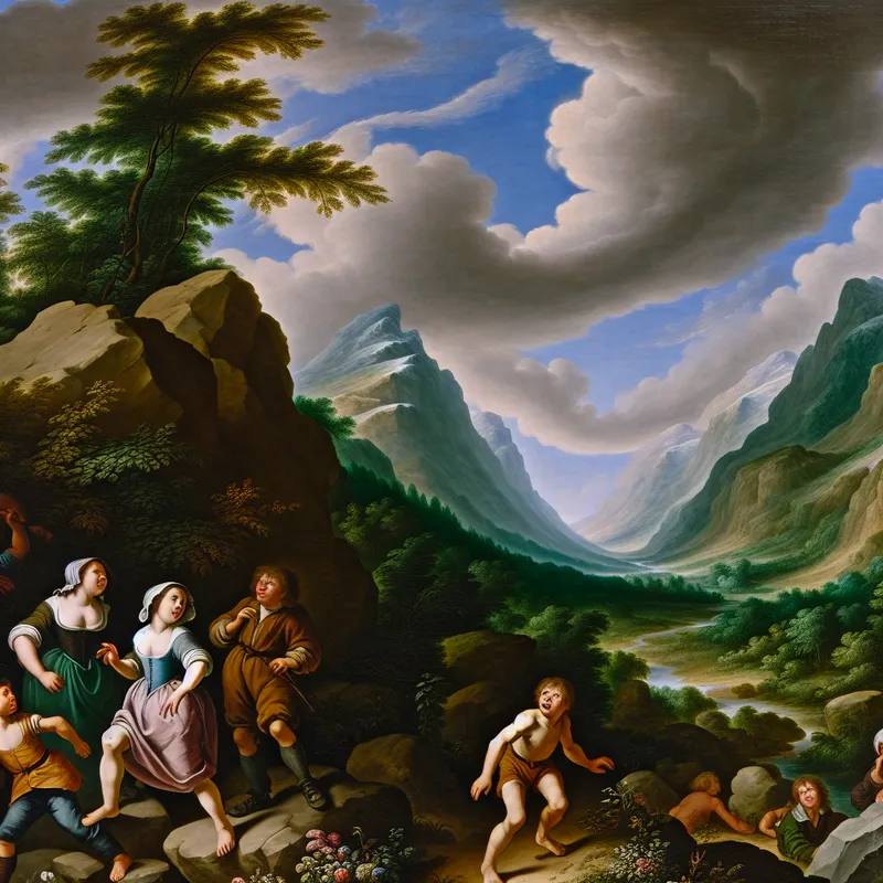 Schilderij van een weids landschap met een groep kinderen die een groene vallei verkennen, omringd door bergen en een dramatische lucht met zwemmende wolken.