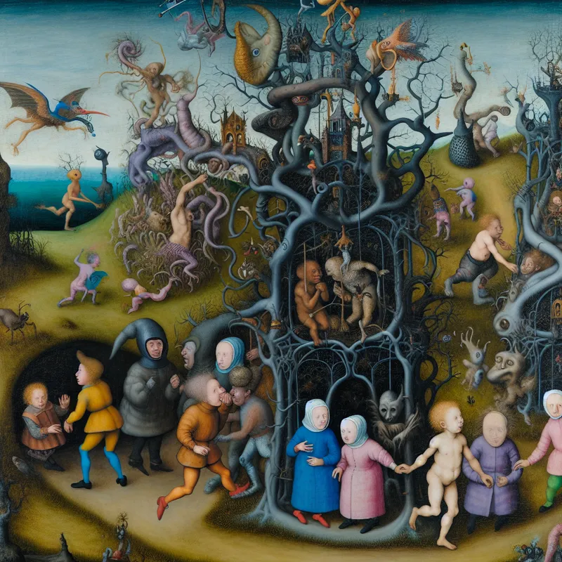 Kinderen spelen verstoppertje achter een kronkelig hek versierd met bizarre wezens.