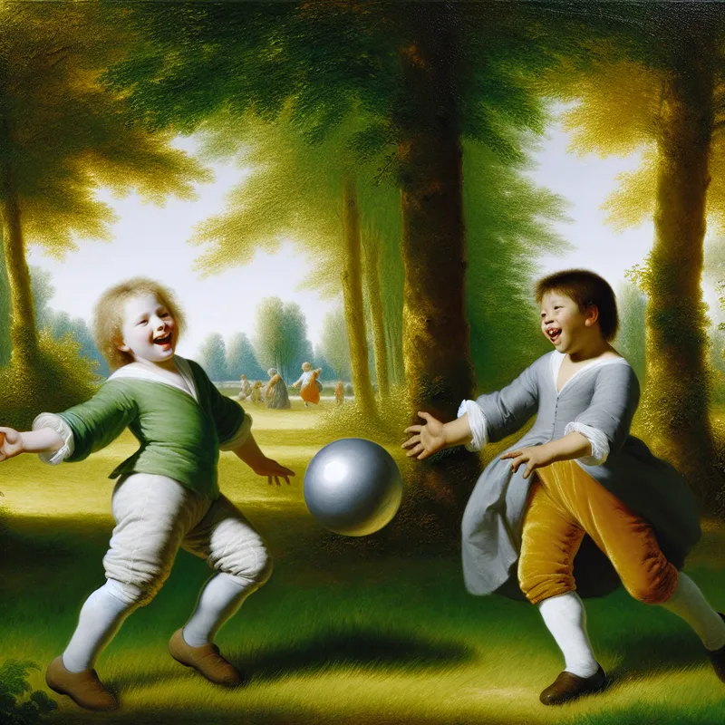 Twee blije kinderen spelen met een nieuwe voetbal in een serene parksetting. Een kind schopt de bal terwijl de ander zich voorbereidt om deze te vangen, omgeven door groen gras en bomen.