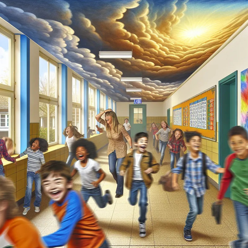Lively school corridor with children playing and a teacher gesturing to return to the classroom