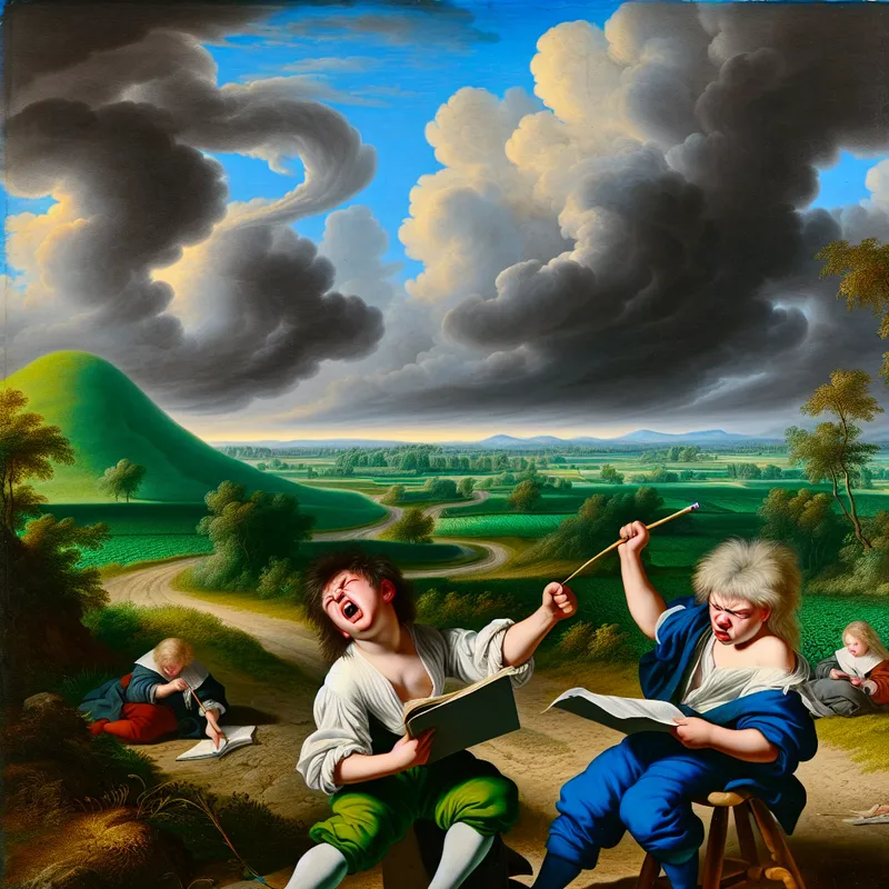 Twee kinderen die gefrustreerd zijn terwijl ze hun huiswerk aan een weg doen, omringd door een majestueus landschap met groene heuvels en een dramatische lucht.