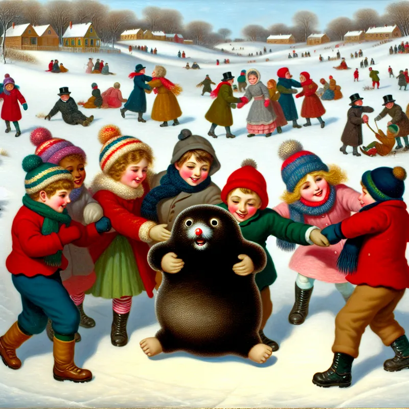 Kinderen spelen buiten in de sneeuw met een schattige mol speelgoed, omringd door een winterlandschap.