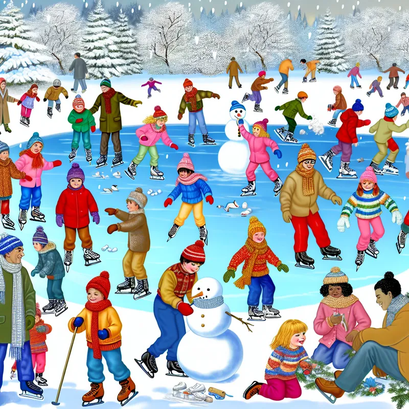 Kinderen spelend op een bevroren meer, schaatsend en een sneeuwman bouwend in kleurrijke winterkleding.