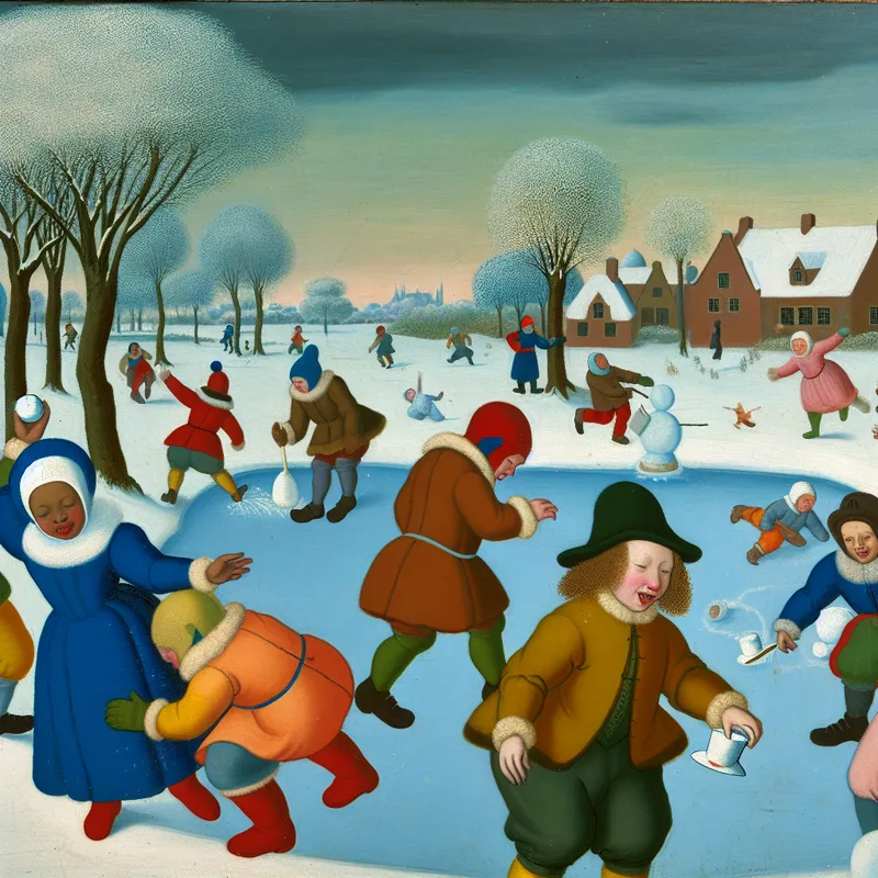 Kinderen spelen buiten in de sneeuw, met een kind dat een kleine, schattige onderduiker figuur vasthoudt. Op de achtergrond zijn besneeuwde bomen en een bevroren vijver zichtbaar.