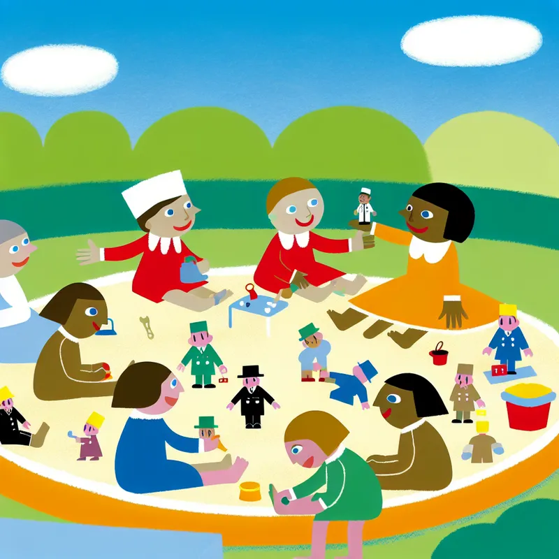 Kinderen spelen vrolijk in een kleurrijke zandbak met schattige miniatuur figuren die verschillende beroepen vertegenwoordigen.