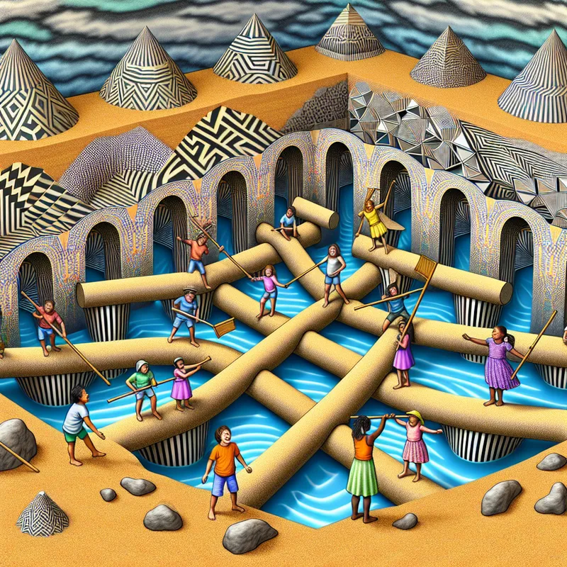 Kinderen bouwen een surrealistische dam in het zand met takken en stenen, geïnspireerd op de stijl van M.C. Escher.