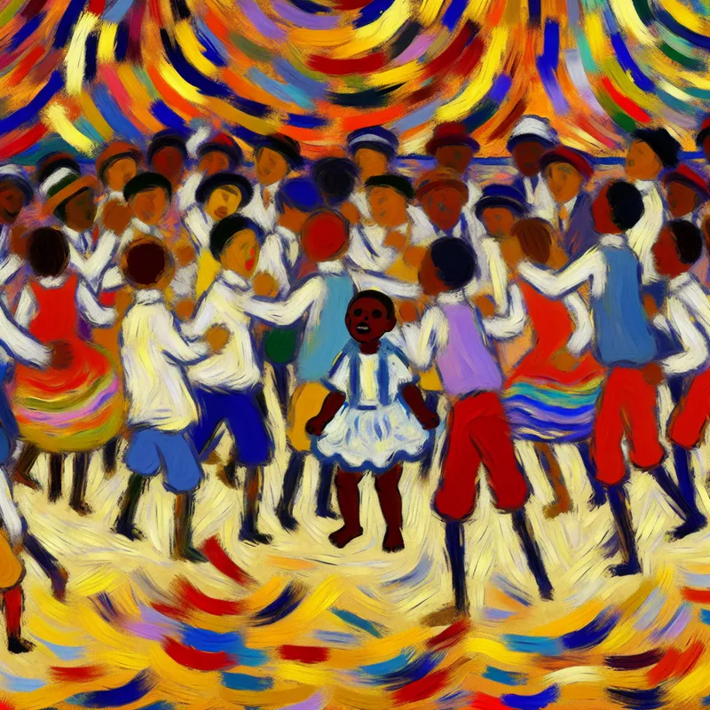 Een speelse groep kinderen construerend met zandkastelen op het strand, met een klein kind in het midden dat opvalt in de levendige kleuren