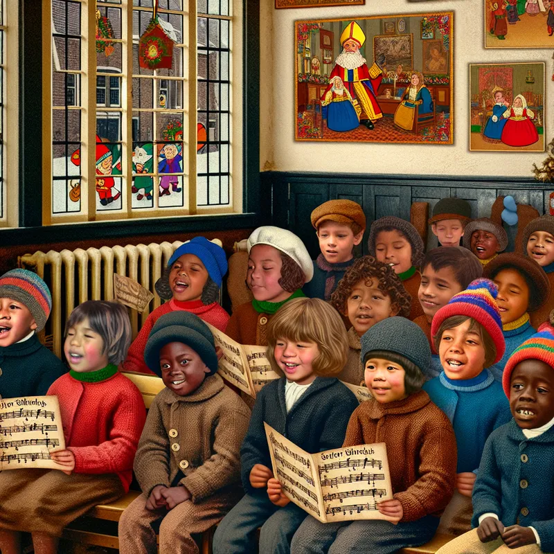 Kinderen zingend in een sfeervolle klas tijdens Sinterklaas met kleurrijke decoraties, onder begeleiding van een vrolijke leraar.