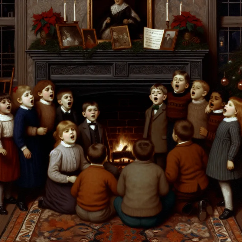 Kinderen zingen Sinterklaasliedjes rond de open haard.