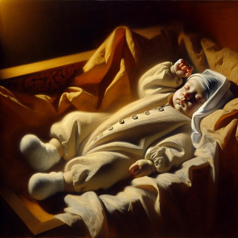 Teder portret van een baby in een zachte, volledige katoenen kinderjurk met knoopjes, liggend in een houten wieg met warme belichting in Rembrandt-stijl