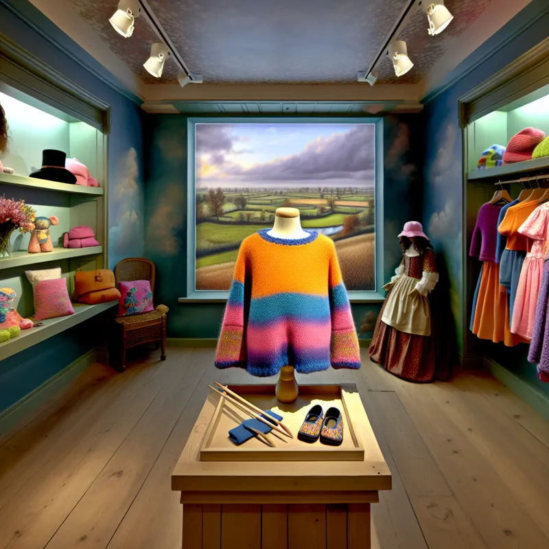 Kleurrijke kindertrui op een houten display in een gezellige kledingwinkel met hoedjes en schoenen rondom.