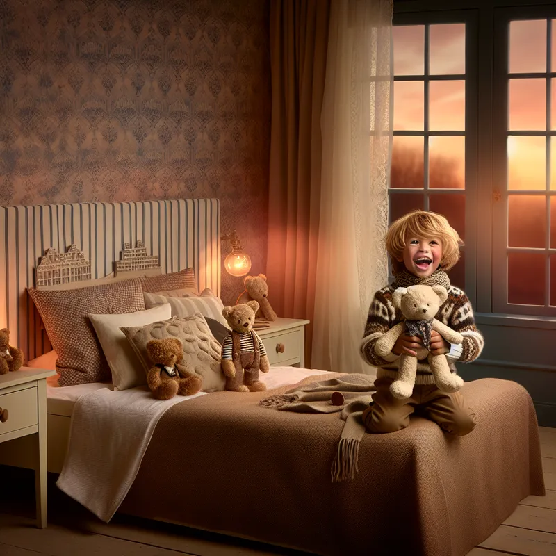 Een schattige slaapkamer voor kinderen met een teddybeer, zacht beddengoed en een blij kind