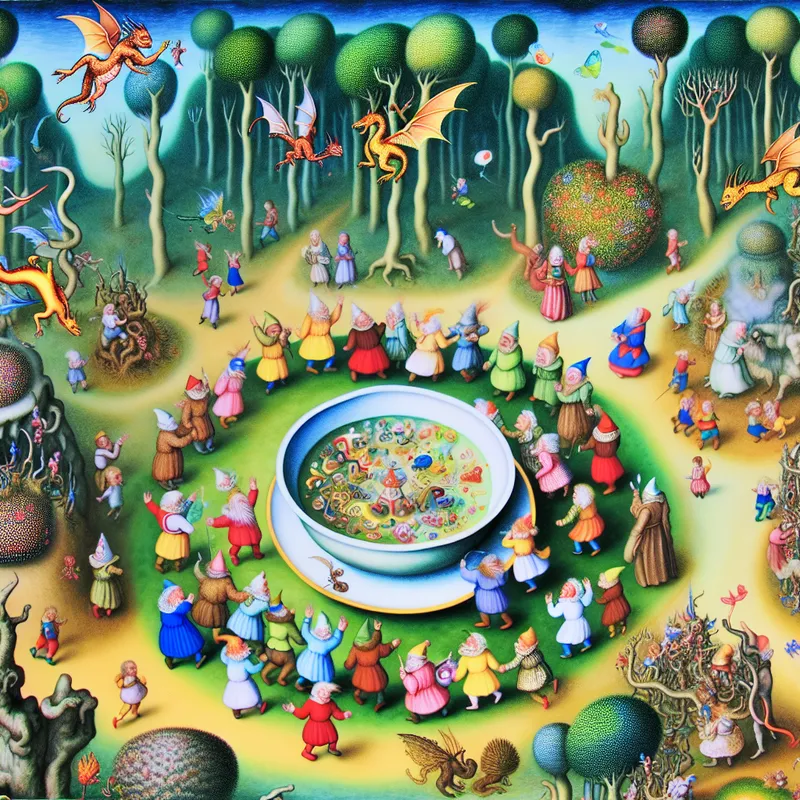 Een schattige kom kleurrijke soep omringd door vrolijke kinderen en fantasierijke wezens.