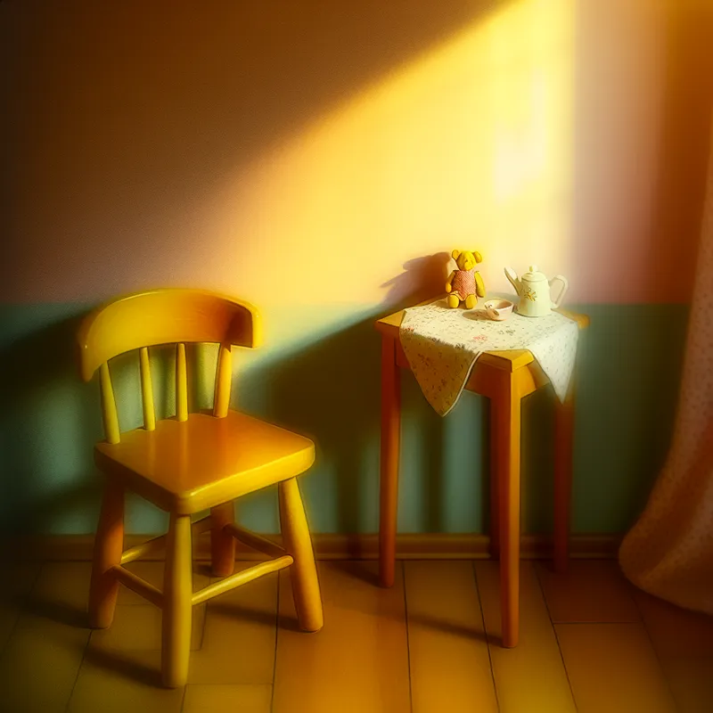 Een klein kinderstoeltje en tafel met speelgoed in een zonovergoten hoek van een kamer, stralend met een zachte gloed.