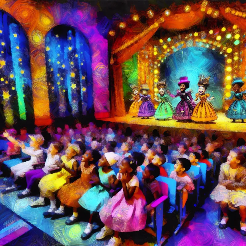 Kleine kinderen kijken met blijdschap naar een spel in een kleurrijk theater met cartoonachtige decors en vrolijke kostuums.