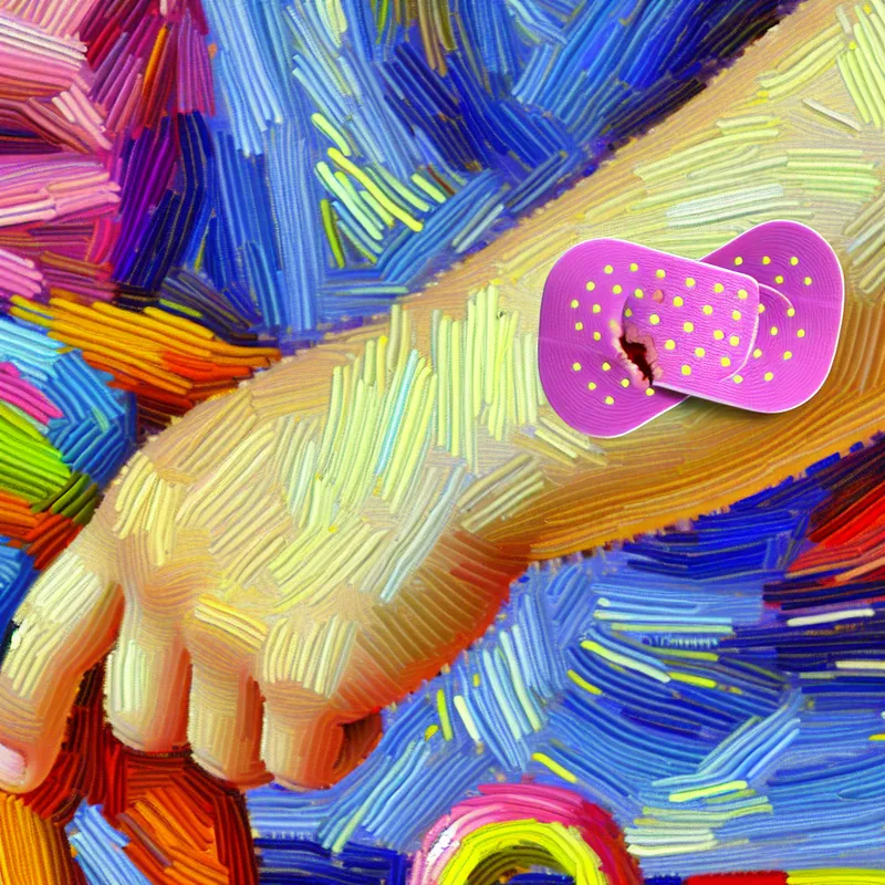 Detailopname van de hand van een kind met een klein roze litteken en een kleurrijke pleister, omringd door speelgoed.