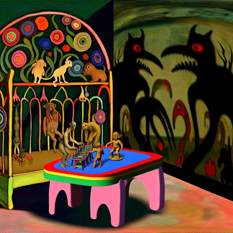 Een surrealistisch tafereel van een kindvriendelijk leuninkje met fantasierijke wezens en bloemen naast een kleurrijke kindertafel.