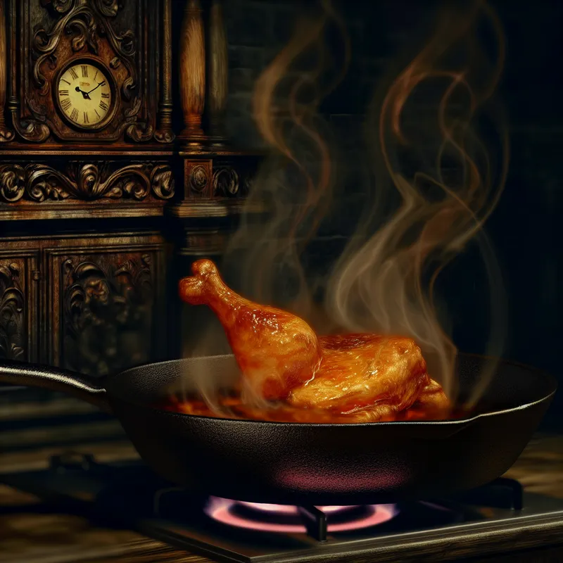 Een dim verlichte keuken met een gietijzeren pan waarin goudbruin kippenvlees searin