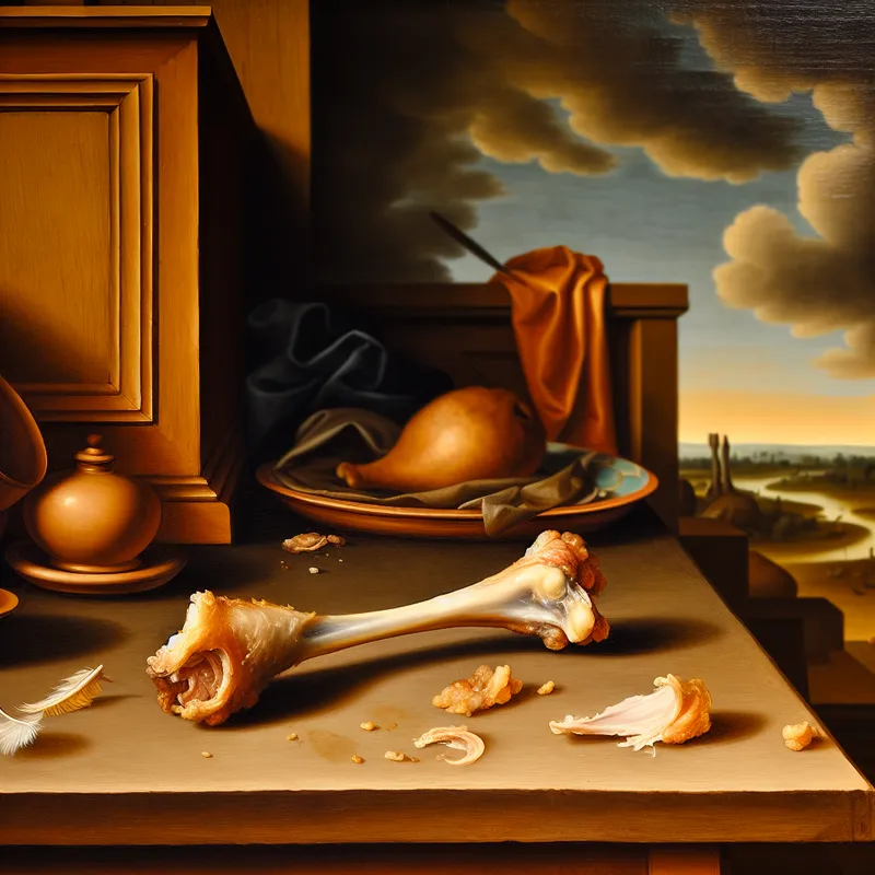 Gedetailleerde 17e-eeuwse Nederlandse schilderij van een roestieke keukenscène met een kippenbot in de voorgrond, in de stijl van Jacob van Ruisdael