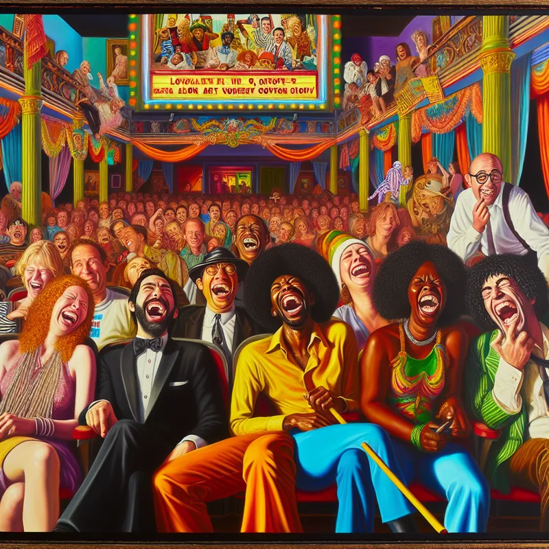 Groep mensen die lachend naar een kitsch film kijken op een groot scherm in een retro bioscoop