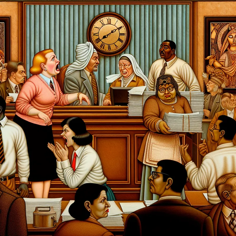 Mevrouw Jansen spreekt met een manager over slechte service in een druk kantoor