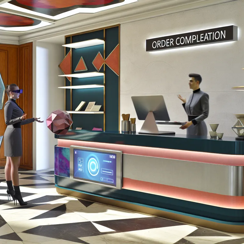 Een gefrustreerde klant in een moderne winkel met een digitaal scherm dat een bestellingsprobleem toont, terwijl een behulpzame medewerker kijk.