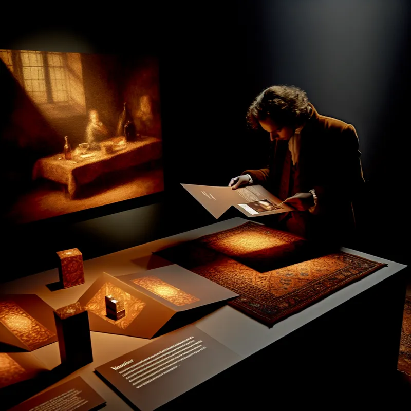 Een klant bestudeert een product met een brochure in een warm verlichte ruimte, in de stijl van Rembrandt.