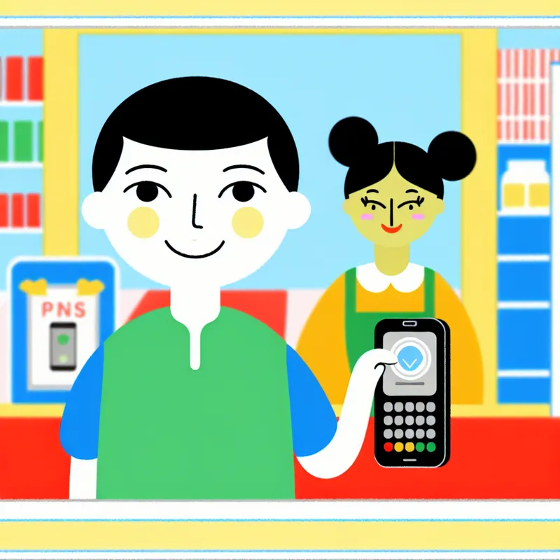 Een vrolijke kinderlijke illustratie van een klant die in een winkel met een pinapparaat betaalt voor een smartphone.